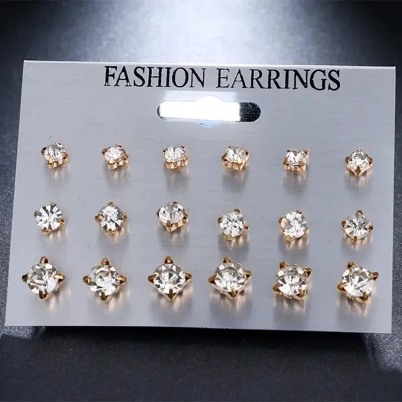 9-Pairs Sparkling Classic Stud Earrings Set for Women，Rhinestone Studded, Perfect for Everyday Wear and Festive Celebrations