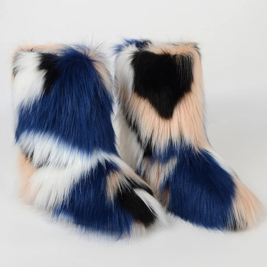 New Winter Fur Onepiece Raccoon Fur Female Snow Boots Fur Shoes Outdoor Mid Leg Boots
