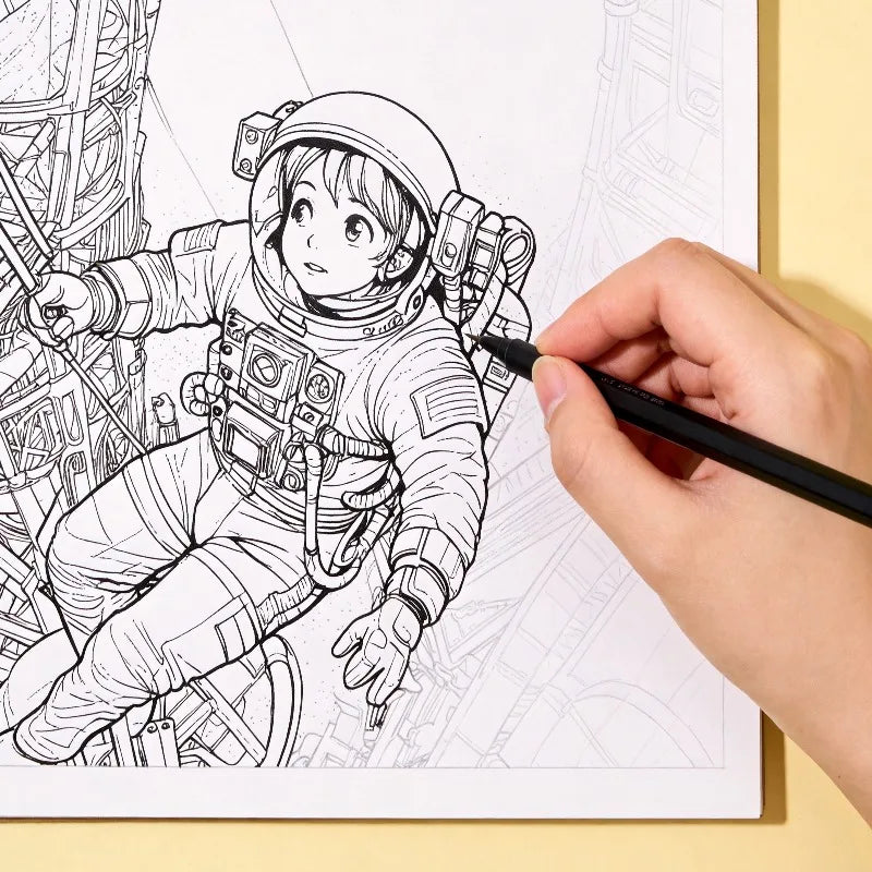One Adult Decompression Hand Drawn Graffiti Book, Steampunk Gear Girl Coloring Book, Artistic Line Drawing and Imitation Book