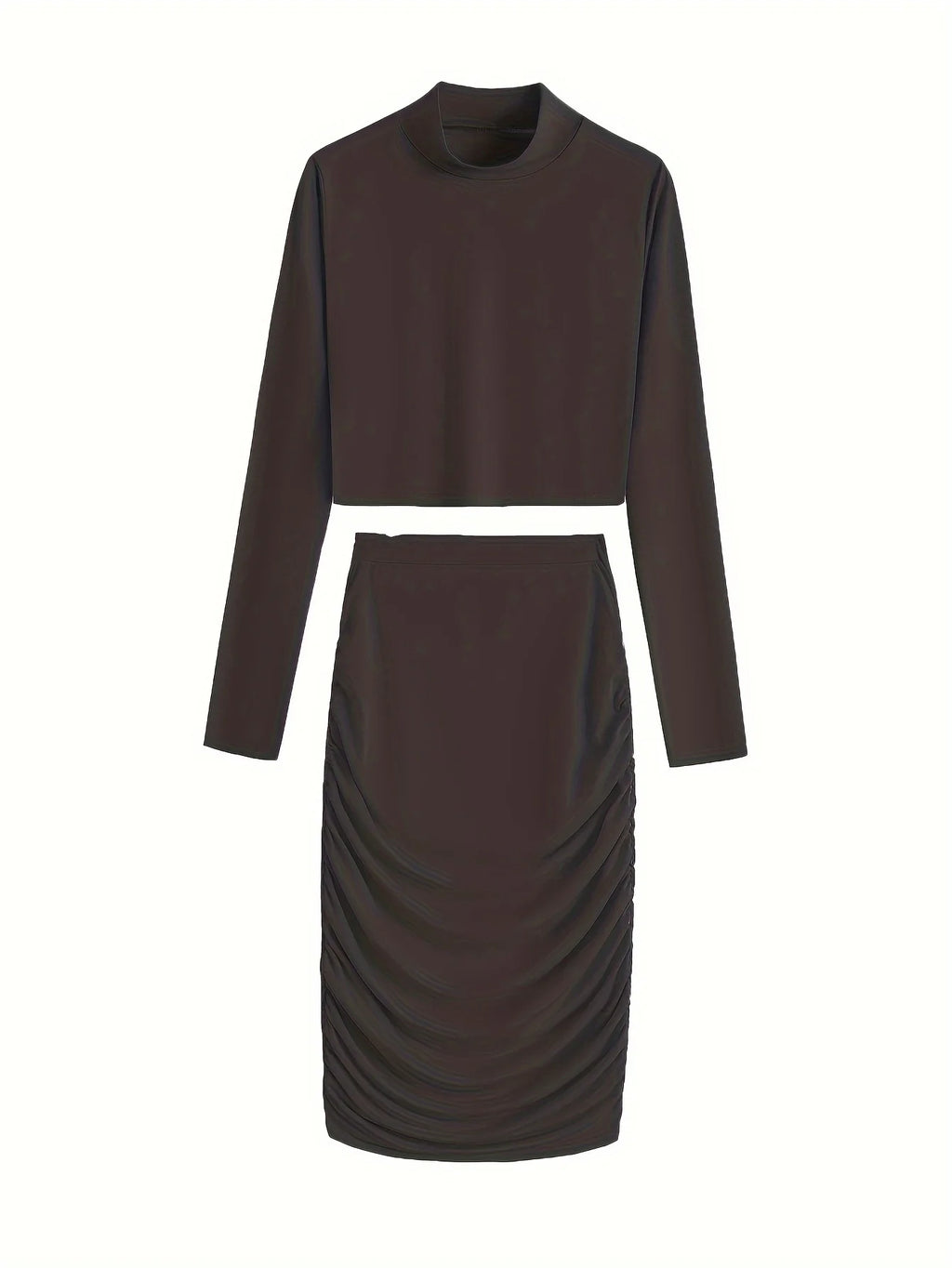Sexy Bodycon 2pcs Set Long Sleeve Crop Top & High Waist Ruched Skirt Women's Clothing