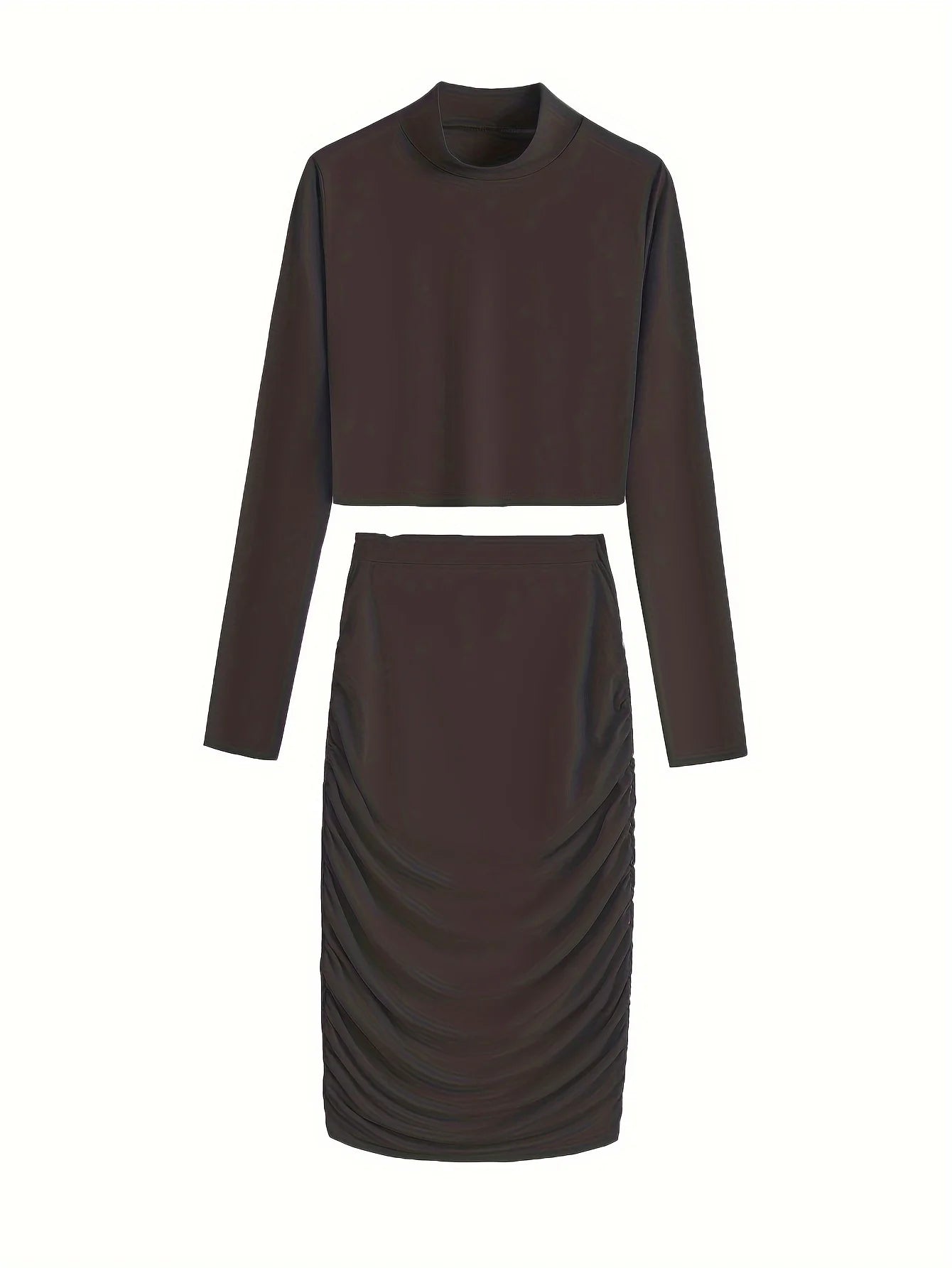 Sexy Bodycon 2pcs Set Long Sleeve Crop Top & High Waist Ruched Skirt Women's Clothing