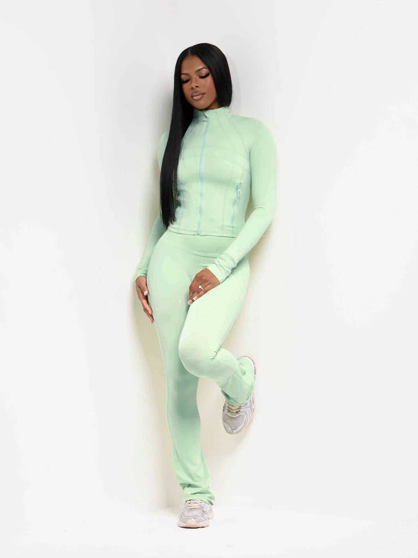 Pant Sets Two Piece Set Women Sexy Slim Fit Zipper Top Stand Collar Solid Sporty Casual Splice Flare Pants Elastic Waist