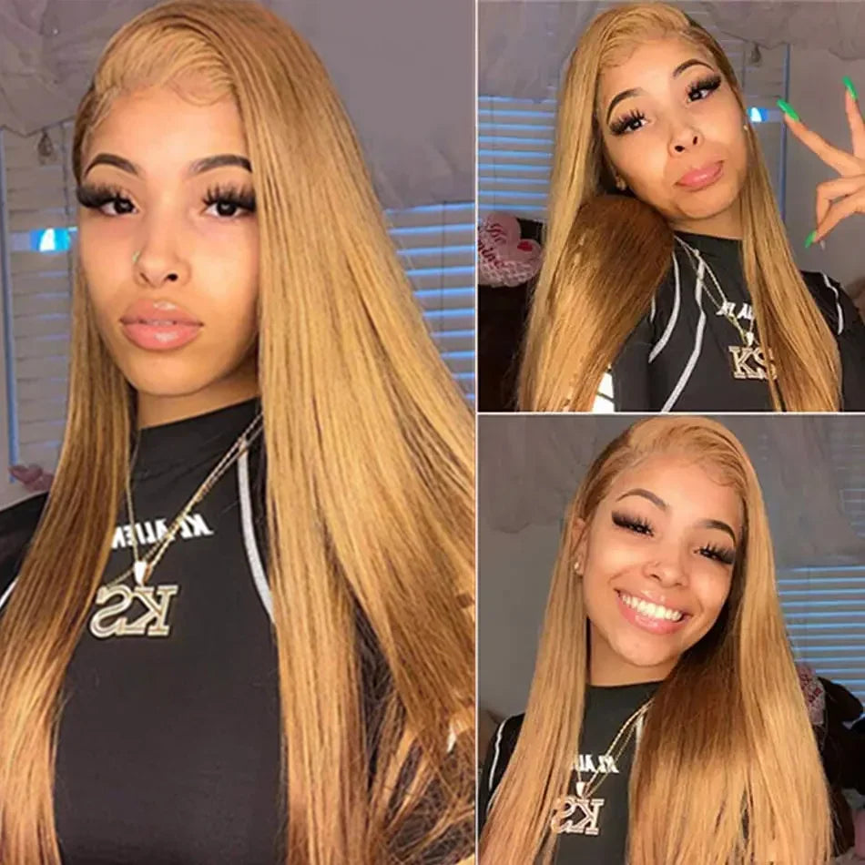 27 Honey Blonde Straight Human Hair Wigs Colored 13X6 Hd Lace Frontal Wig Brazilian Wigs Original 30 Inch Preplucked Prebleached