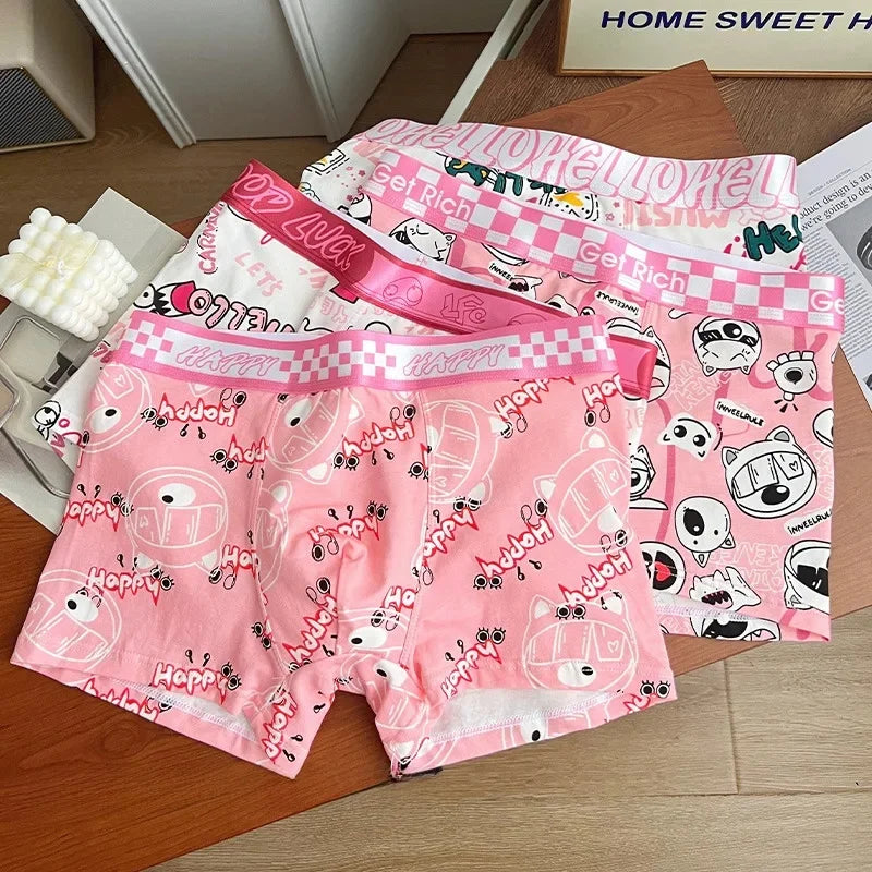 Trendy Pink Cotton Boxer Shorts for Men Cute Cartoon Design Bagged Four Corner Briefs Comfortable Breathable Men's Underwear