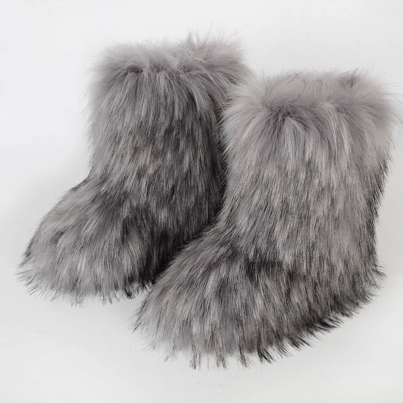 New Winter Fur Onepiece Raccoon Fur Female Snow Boots Fur Shoes Outdoor Mid Leg Boots