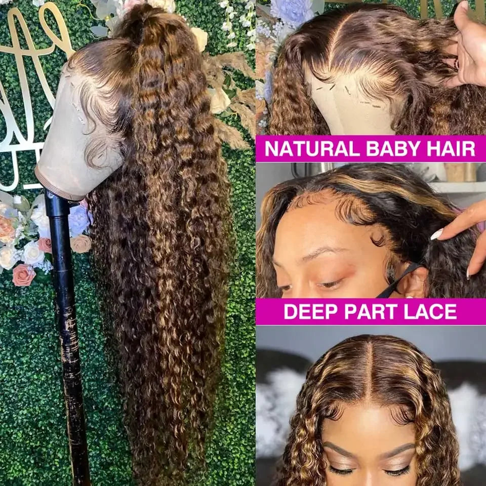 Brown Water Wave Lace Front Wig Highlight Ombre Glueless Deep Wave 13X4 Lace Curly Human Hair Wigs 13x6 HD Lace Frontal Wigs