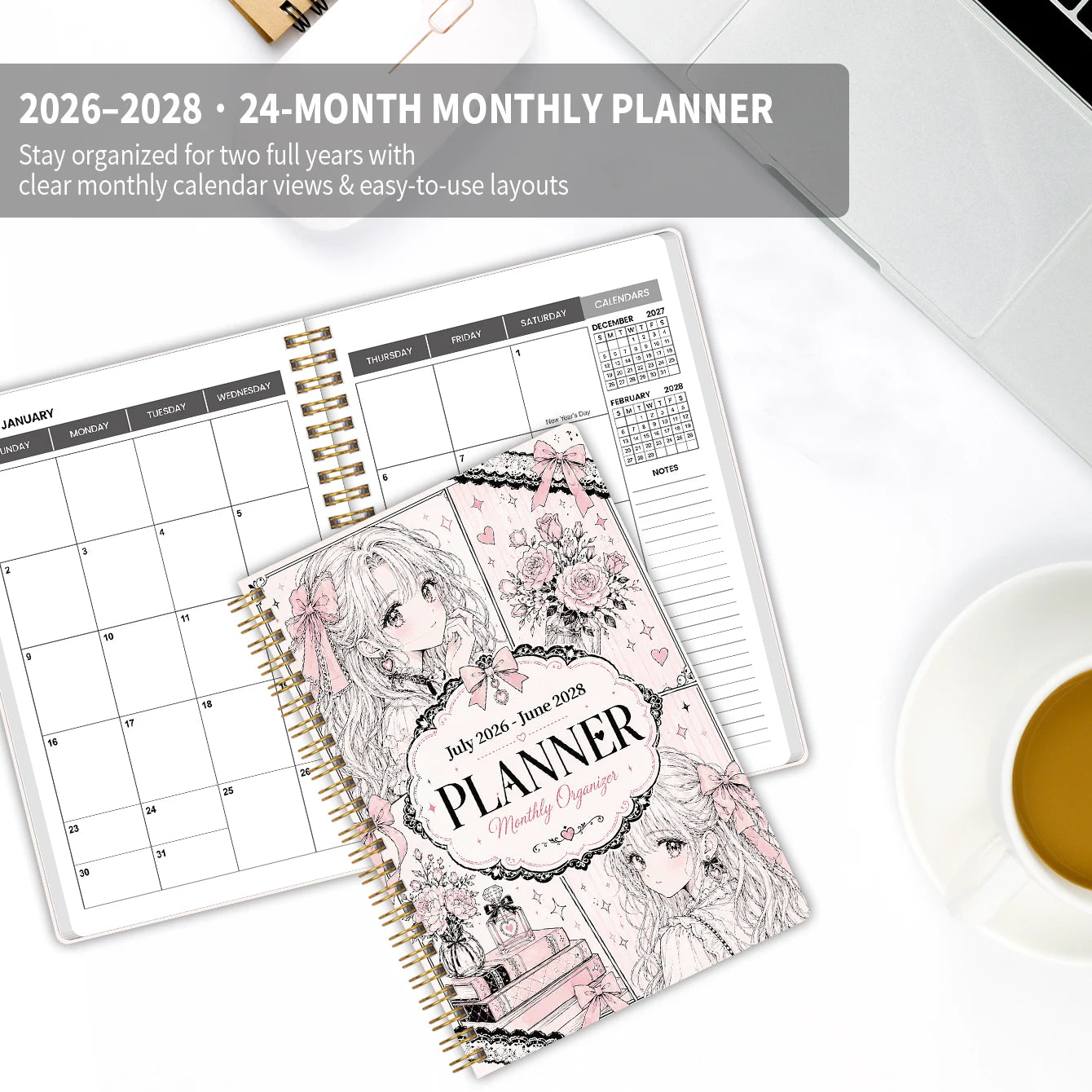 2026-2028 Monthly Planner, Pink Manga Girl Cover Spiral Calendar Notebook, PP Cover, 100GSM Paper, Mini Calendars