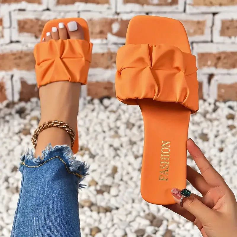 Summer Slippers for Women Flip Flops Flats  New Pleated Korean Slippers Women Sandals Green Slip on Shoes Plus Size 35-43