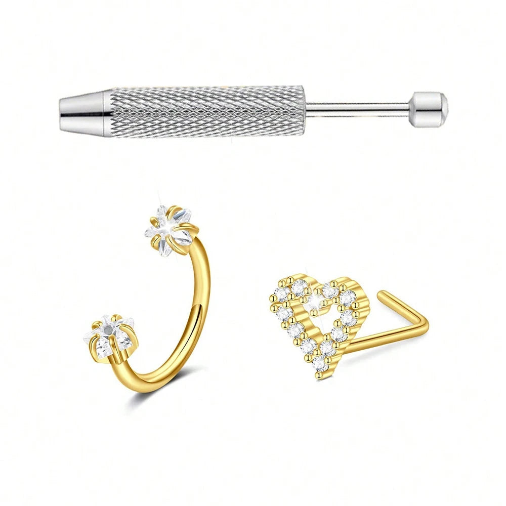 3pcs/Set Heart Horseshoe Nose Ring Nose Studs, Silver Gold Nose Ring, Stainless Steel Nose Piercing Jewelry For Women Man