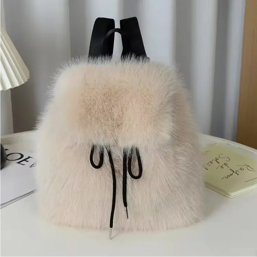 2026 Casual Faux Fur Backpack for Women Drawstring Flap Closure Large Capacity School Bag Trendy Travel