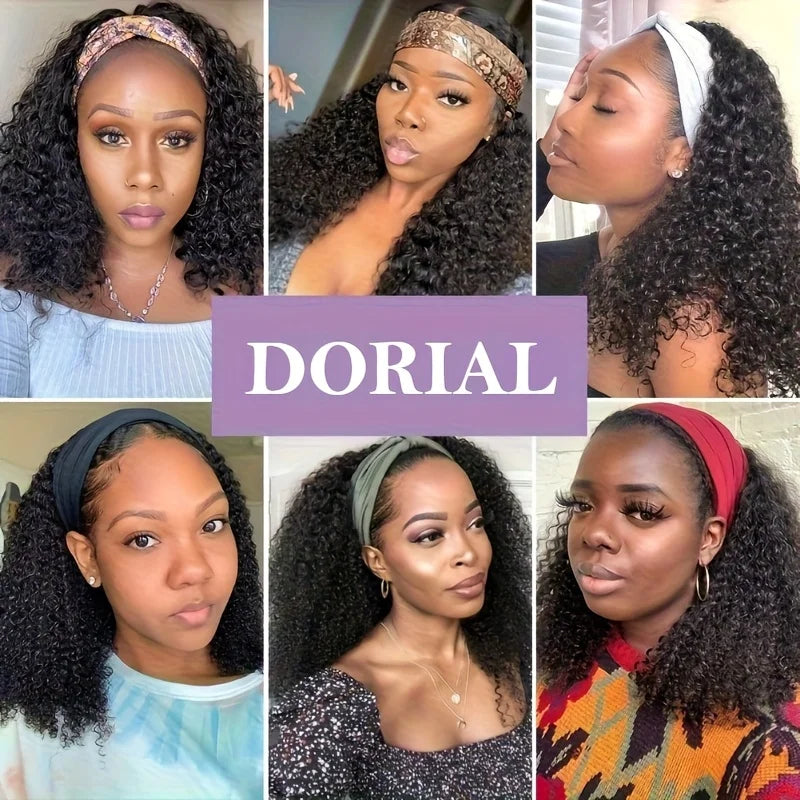 200% Density Human Hair Wig Short Headband Bob Wig Natural Black Short Curly Bob Cut Glueless Kinky Curly Headband Wig