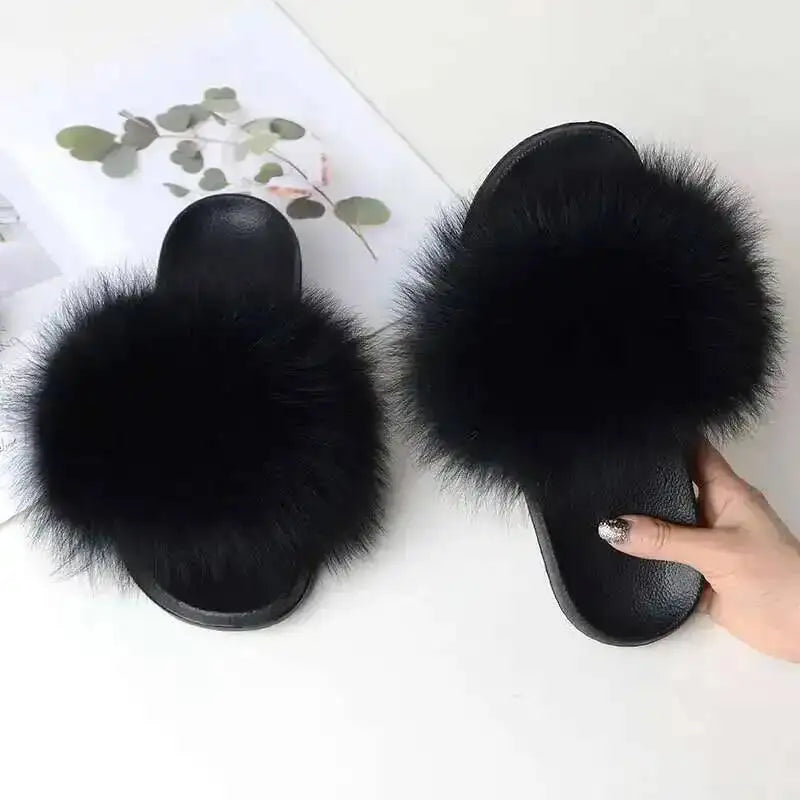 Ladies Real Fox Fur Slippers Summer Female Slides New Fuzzy Indoor Home Flats Women Cute Sandals Outdoor Beach Shoes Flip Flops