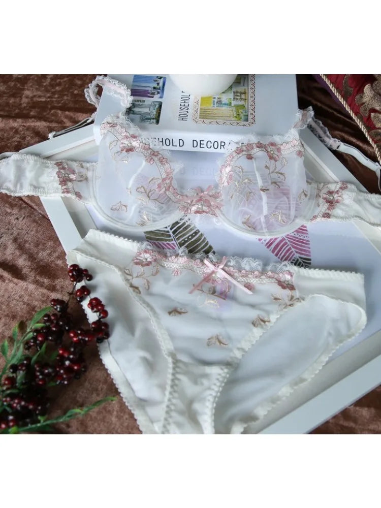 Luxury European and American Underwear Women Thin Big Size Sexy Bra Big Chest Small Lace Transparent Bra Set Perspective Winter