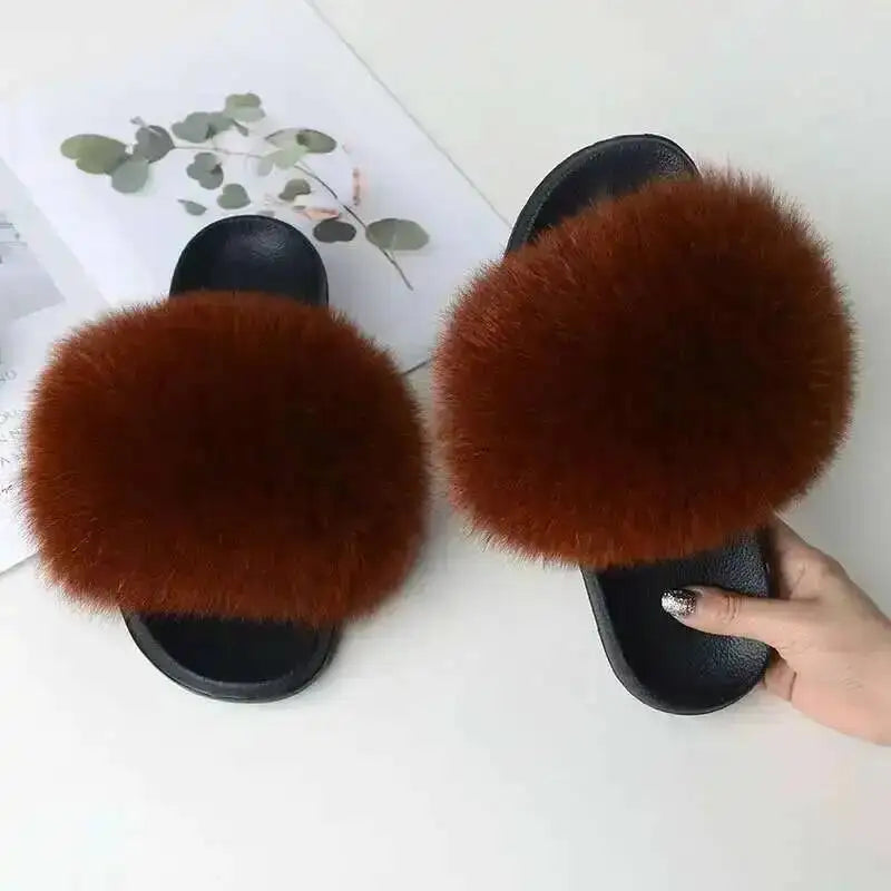 Ladies Real Fox Fur Slippers Summer Female Slides New Fuzzy Indoor Home Flats Women Cute Sandals Outdoor Beach Shoes Flip Flops