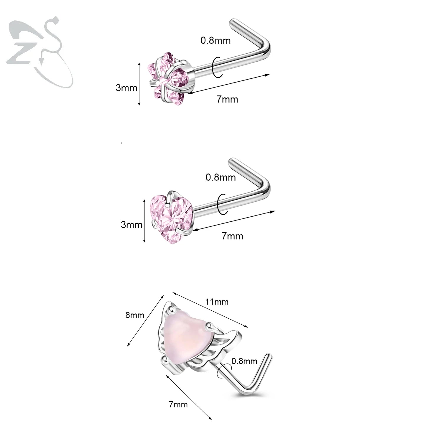 ZS 3pcs/lot 20G Stainless Steel Nose Stud Set Moon Heart Butterfly Crystal Nose Piercing Screw L Shape Nostril Piercing Jewelry