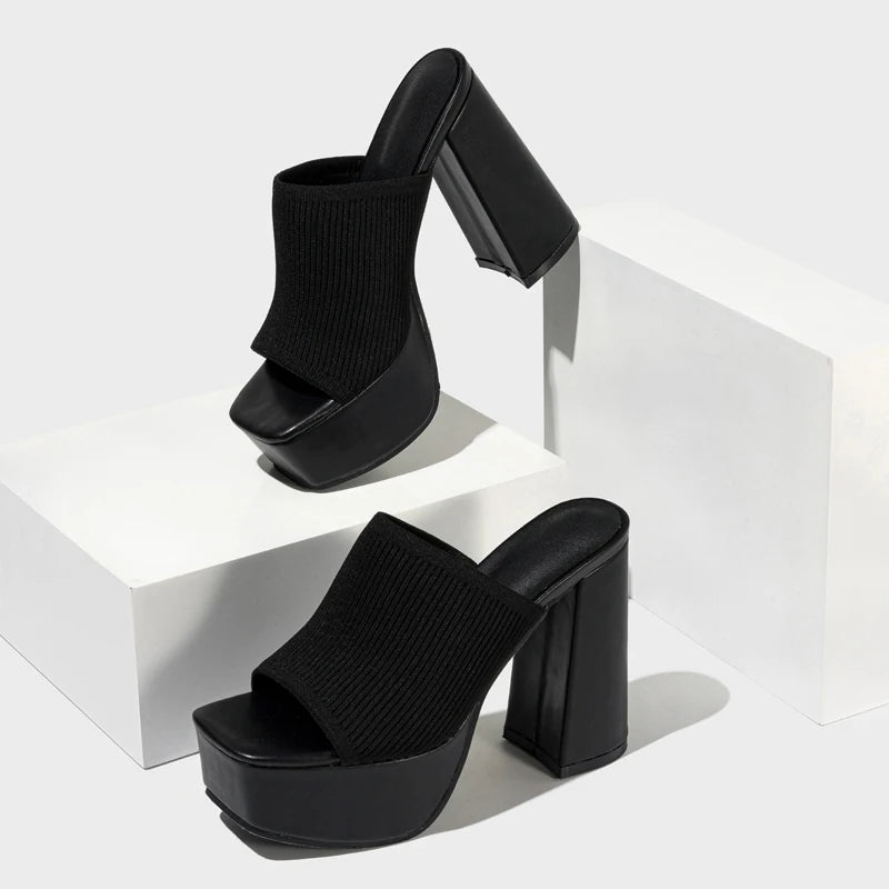 Aneikeh Summer Knitting Yarn Pleated Platform Rome Shallow Thick Bottom Peep Toe Thin Heels Women Sandals Slip-On Party Shoes