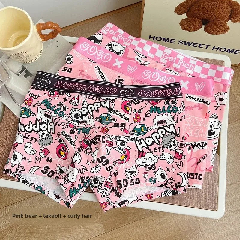 Trendy Pink Cotton Boxer Shorts for Men Cute Cartoon Design Bagged Four Corner Briefs Comfortable Breathable Men's Underwear