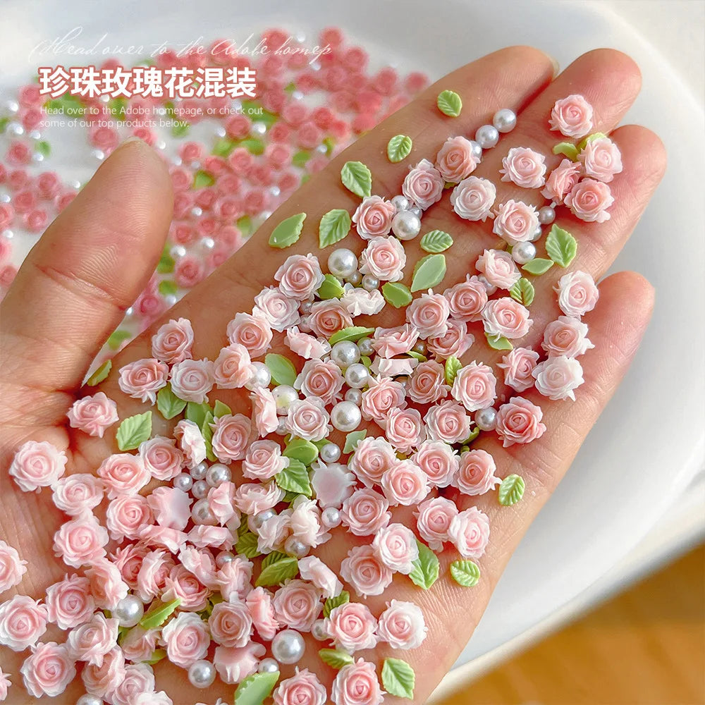 3D Mixed Size Nail Art Luxury Decoratons Rose Nail Charms Accessories 30pcs Pearl Resin Flower Pink Rose Red Supplies Parts DIY
