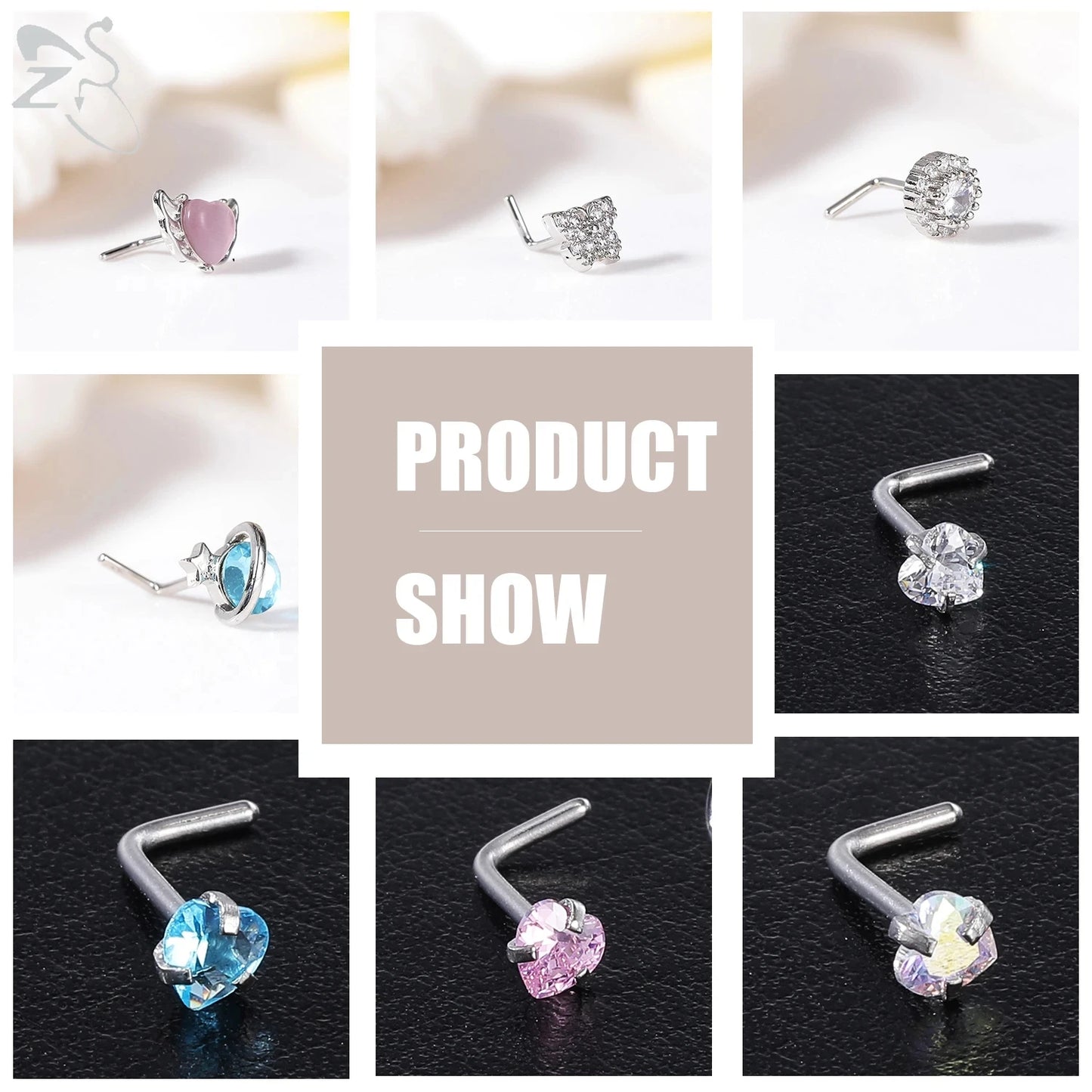 ZS 3pcs/lot 20G Stainless Steel Nose Stud Set Moon Heart Butterfly Crystal Nose Piercing Screw L Shape Nostril Piercing Jewelry