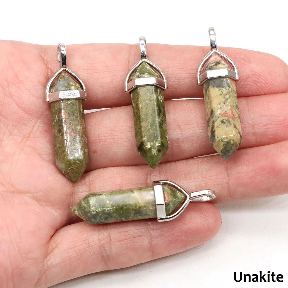 1PC Hexagonal Chakra Crystal Pendant Bullet Shape Natural Gemstone Pointed Quartz Stone Pendants for DIY Necklace Jewelry Making