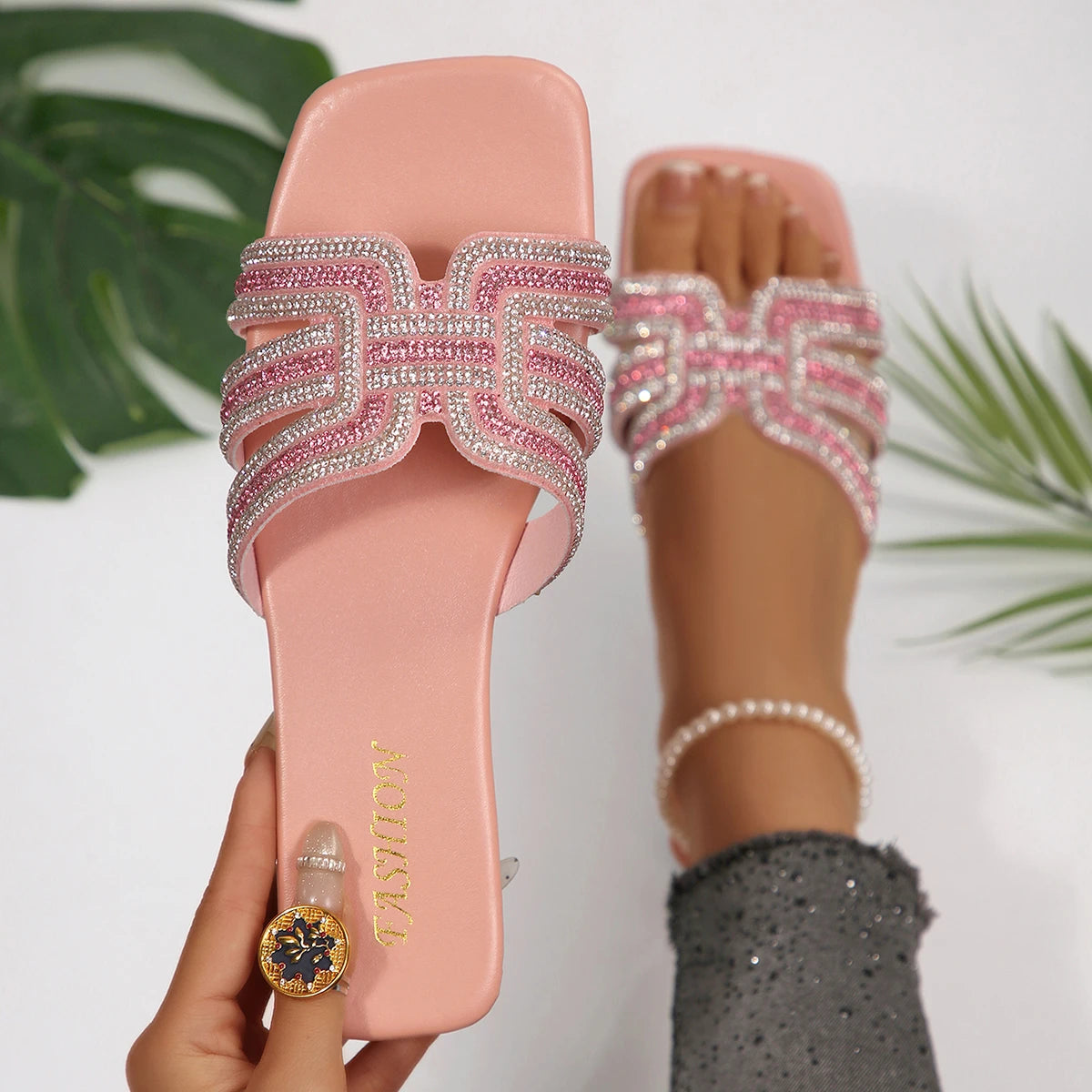 Brand Design Big Square Toe Pink Crystal Sandals Women Summer 2026 Flat Heels Shiny Rhinestones Slippers Woman Plus Size Slides