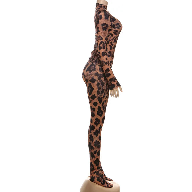FAGADOER Sexy Leopard Print Two Piece Outfits Woman Round Neck Long Sleeves Crop Top and Skiny Pants Female Streetwear Clothing