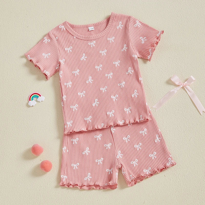 2024-12-09 Lioraitiin Toddler Baby Girl Bow Ribbed Outfit Lettuce Trim Short Sleeve Tops Elastic Waist Shorts Summer Set