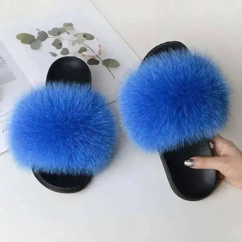 Ladies Real Fox Fur Slippers Summer Female Slides New Fuzzy Indoor Home Flats Women Cute Sandals Outdoor Beach Shoes Flip Flops