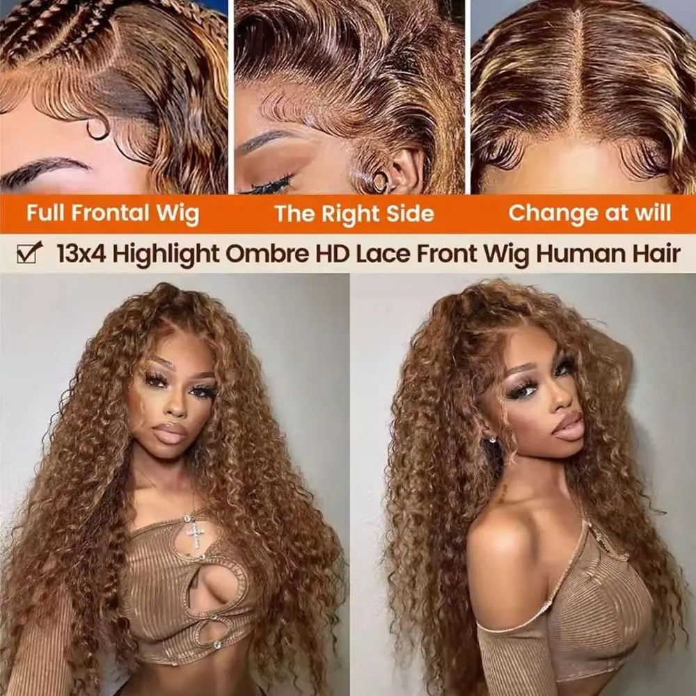 250% Density Highlight Colored 13x4 Lace Frontal Human Hair Wig Brazilian 4/27 Deep Wave Human Hair Wigs For Women Pre Plucked
