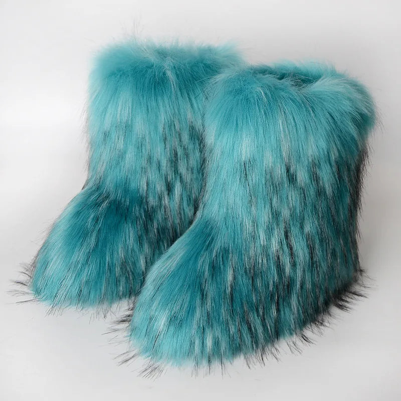 New Winter Fur Onepiece Raccoon Fur Female Snow Boots Fur Shoes Outdoor Mid Leg Boots