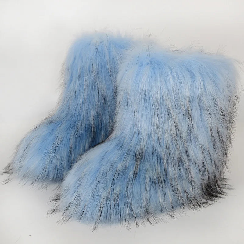 New Winter Fur Onepiece Raccoon Fur Female Snow Boots Fur Shoes Outdoor Mid Leg Boots