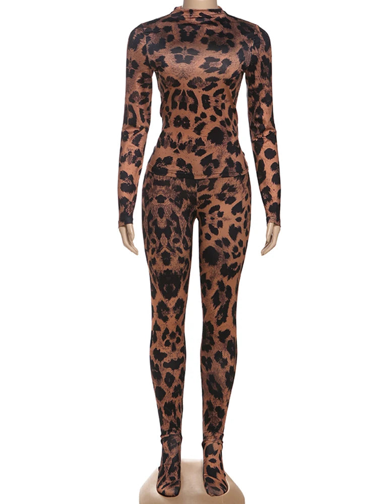 Kliou Leopard Print 2 Piece Set Woman Autumn Trend o-Neck Full Sleeve T-Shirts+Skinny Long Pants Street Fashion Wild Style Suits