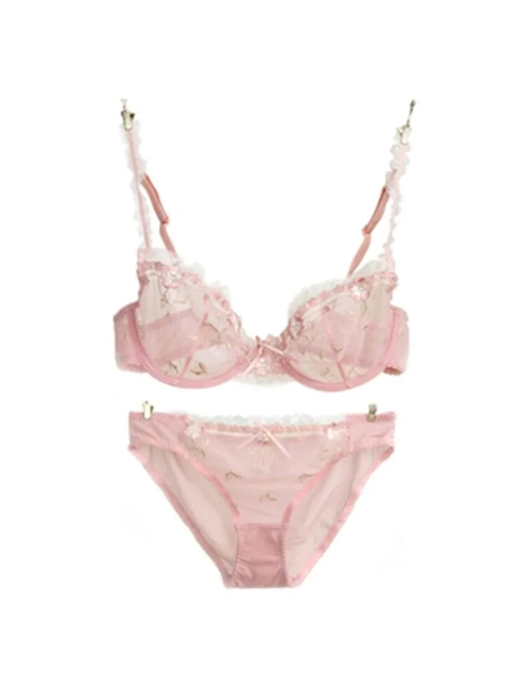 Luxury European and American Underwear Women Thin Big Size Sexy Bra Big Chest Small Lace Transparent Bra Set Perspective Winter