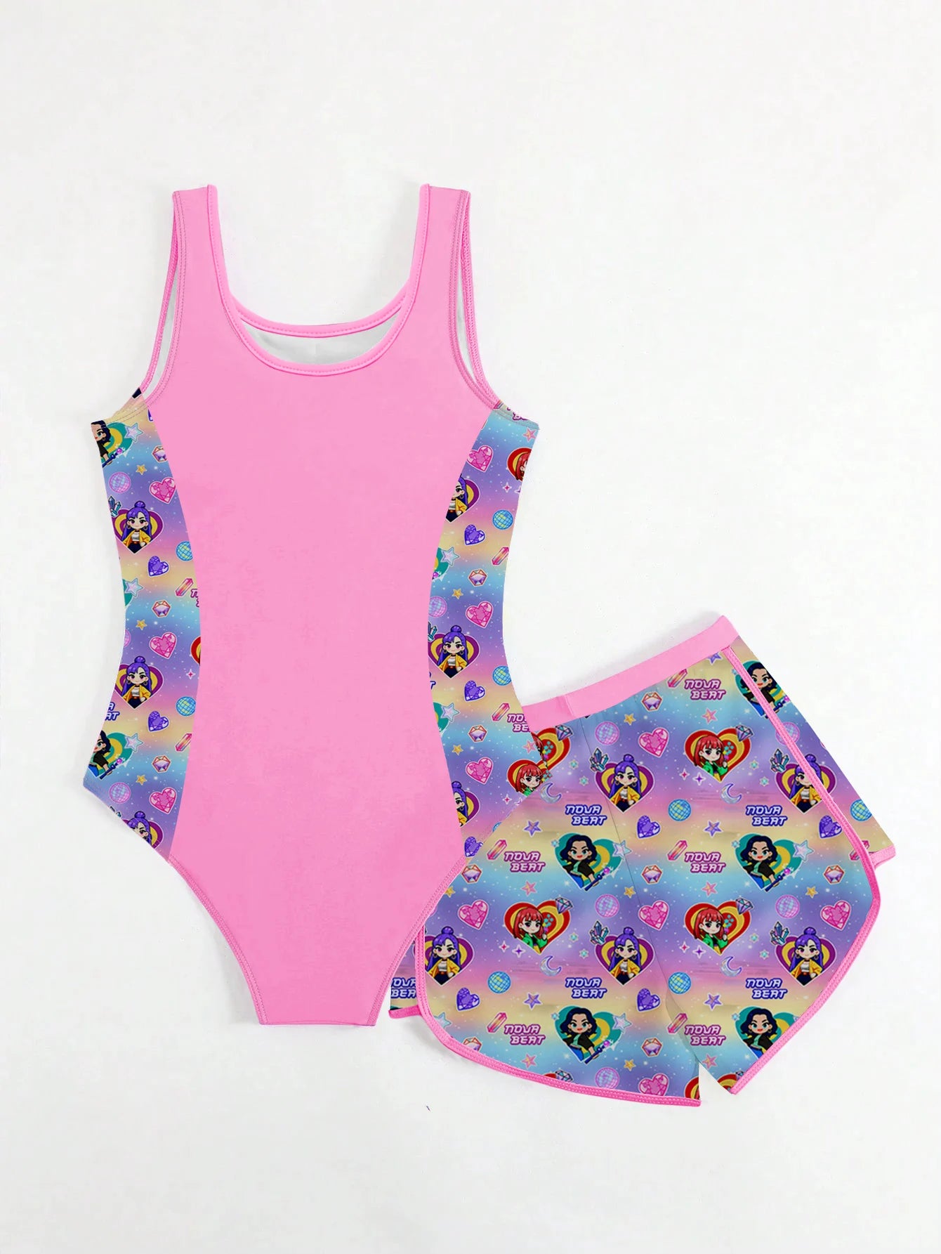 Kids Girls 2 Piece K-POP Singer Cartoon Print One Piece Swimsuit with Skirt Cover Up Summer Beach Swimwear