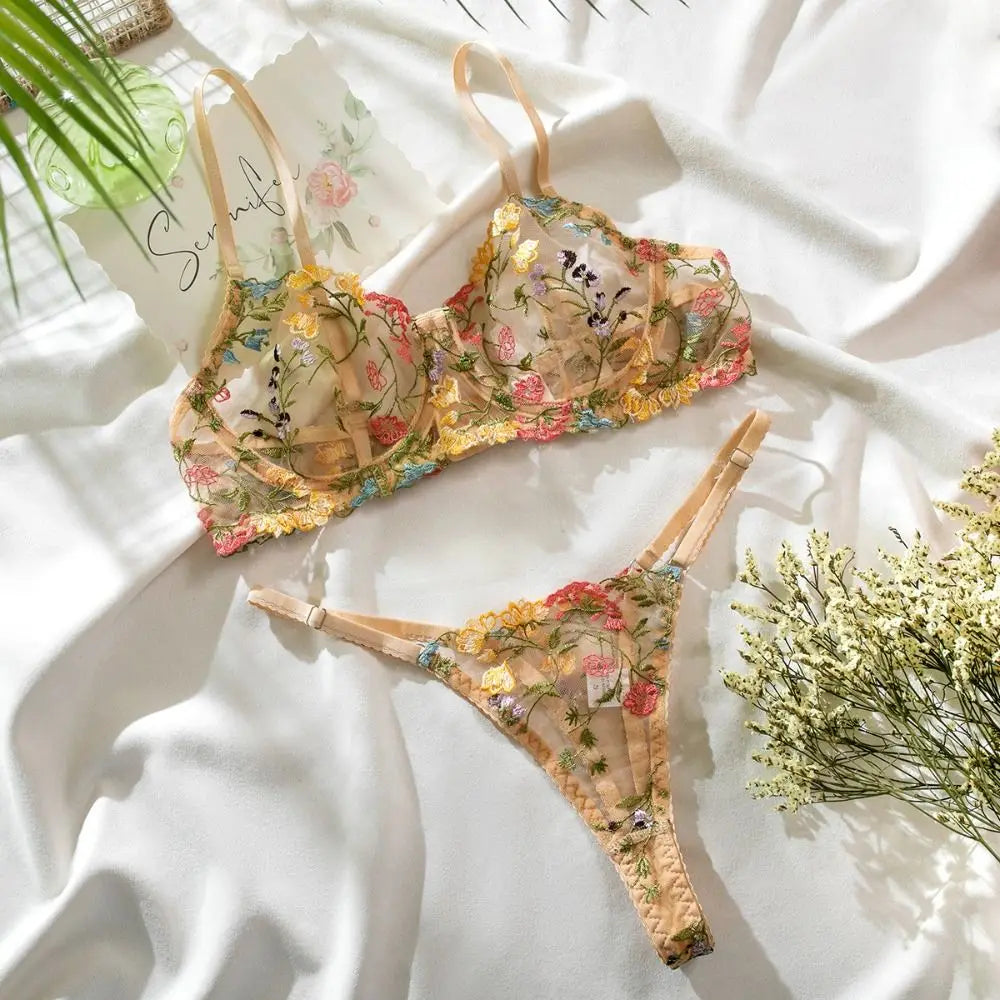 Floral Embroidery Wireless Bra & Panty Set
