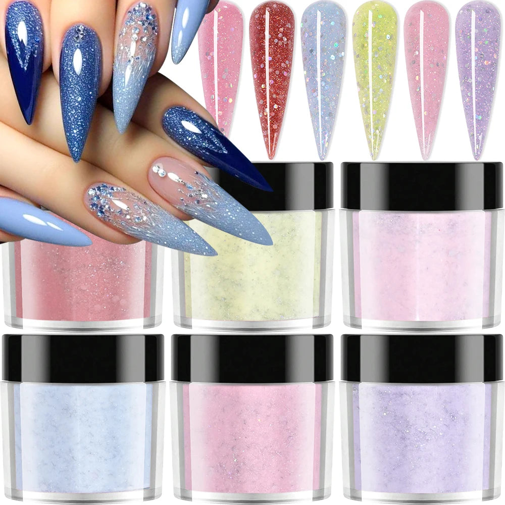 6Jars Glitter Nude Acrylic Nail Powder Set Pink Blue Glitter Acrylic Powder for Nail Extension French Manicure Nail Carving Tool