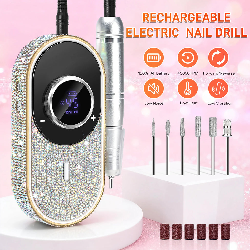 DianaBeauty 45000RPM Electric Nail Drill Machine Rechargeable Nail Polisher with Rhinestone Portable Nail File for Manicure