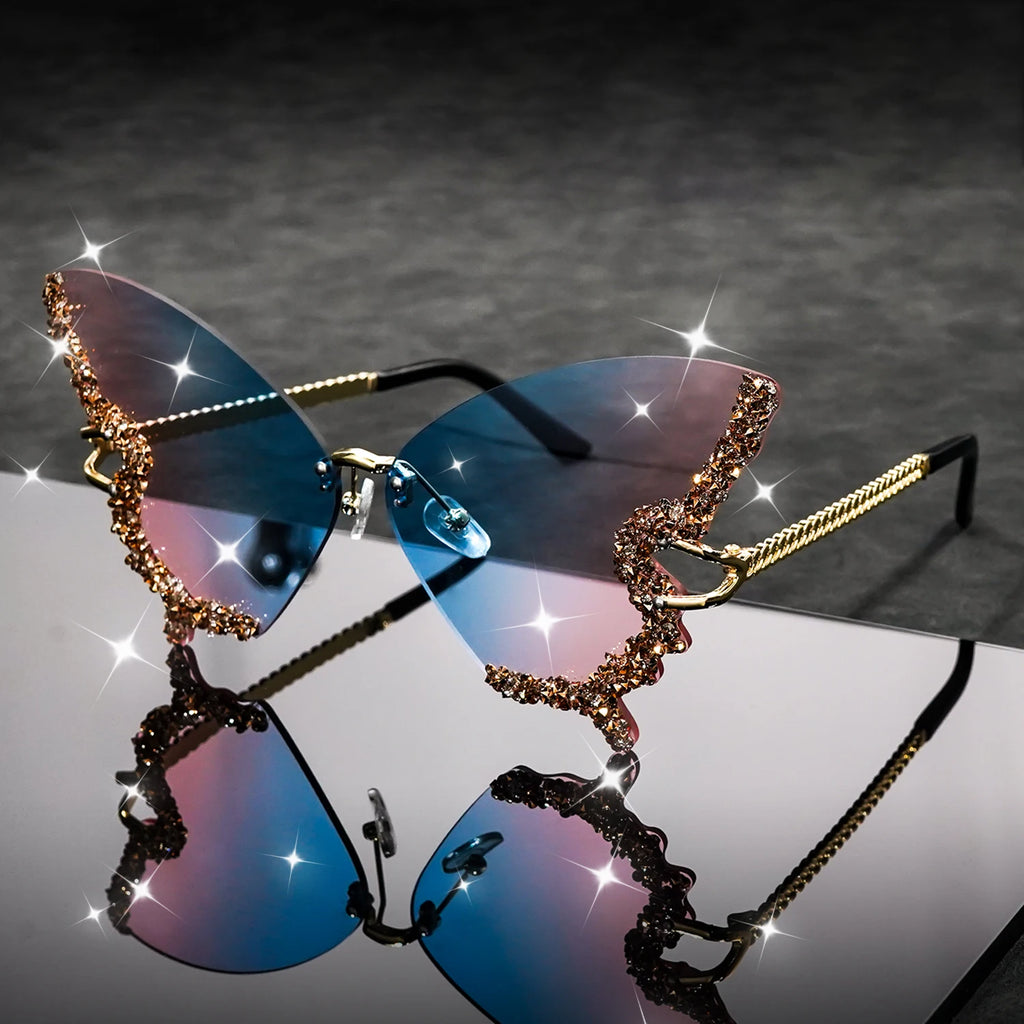 Butterfly Rimless Fashion Sunglasses for Women Men Bling Rhinestone Gradient Decorative Glasses for Costume Party