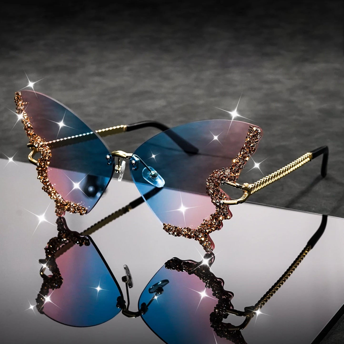 Butterfly Rimless Fashion Sunglasses for Women Men Bling Rhinestone Gradient Decorative Glasses for Costume Party