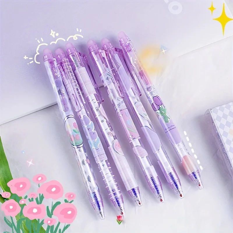 6pcs Tulip Erasable Black/Blue Gel Pens Kawaii Gel Pens With Erasers Korean Stationery Students Girl Gift School Office Supplies