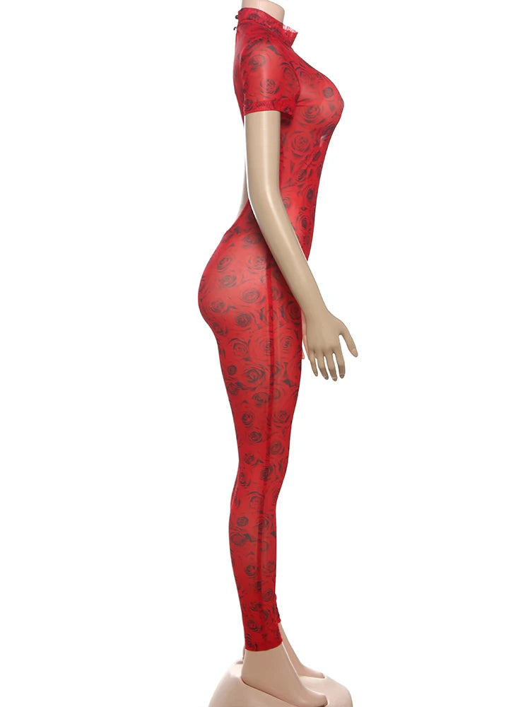 kliou Aesthetic Printed Women Jumpsuits Fashion Sexy Panelled Short Sleeve Backless Stand Collar Slim Overalls Mujer Clubwear