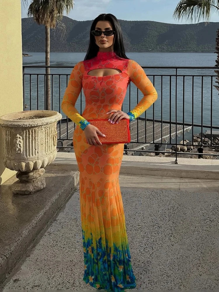 Weird Puss See Through Sexy Dress Women Hollow Hipster Colorful Print Skinny Stretch Midnight Party Clubwear Fishtail Bodycon
