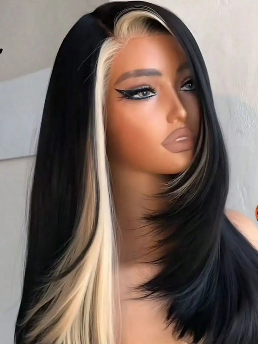 Highlight White Bone Straight 13x4 HD Transparent Lace Front Wig Black and White Glueless Human Hair for Women 200% Density
