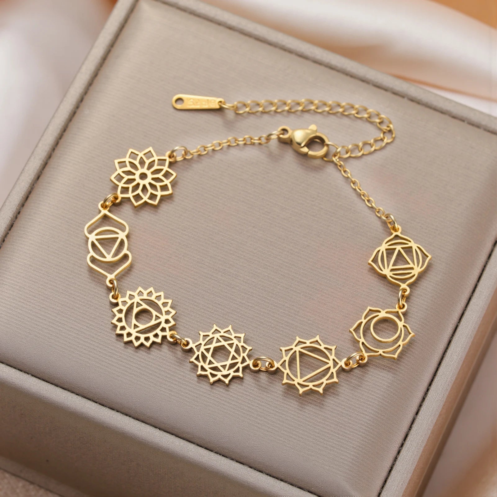 Cazador Yoga 7 Chakra Flower Charms Women's Bracelets Stainless Steel Gold Color Jewelry Hand Bracelet Meditation Amulet Gifts