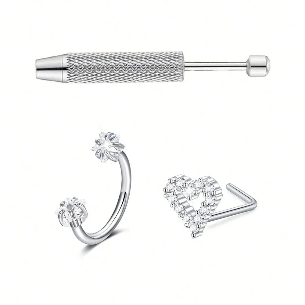 3pcs/Set Heart Horseshoe Nose Ring Nose Studs, Silver Gold Nose Ring, Stainless Steel Nose Piercing Jewelry For Women Man