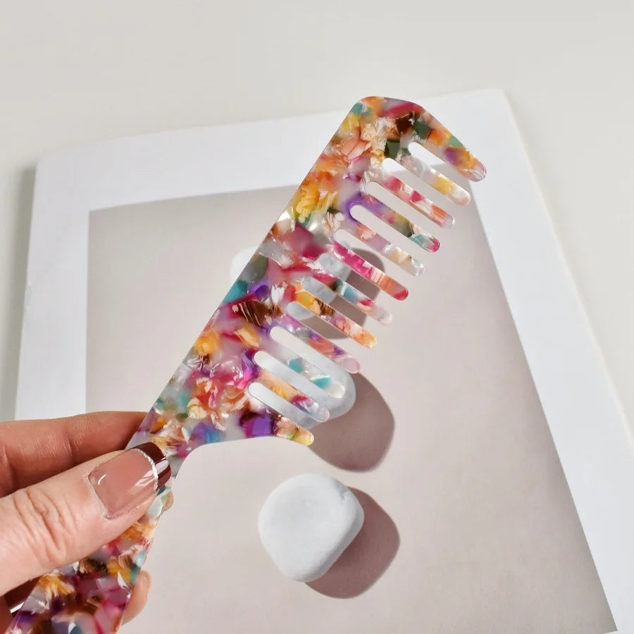 1PC Women's Multicolor acetate Long handle Wide Teeth Smooth comb Portable comb Comfortable handle Holiday gift casual