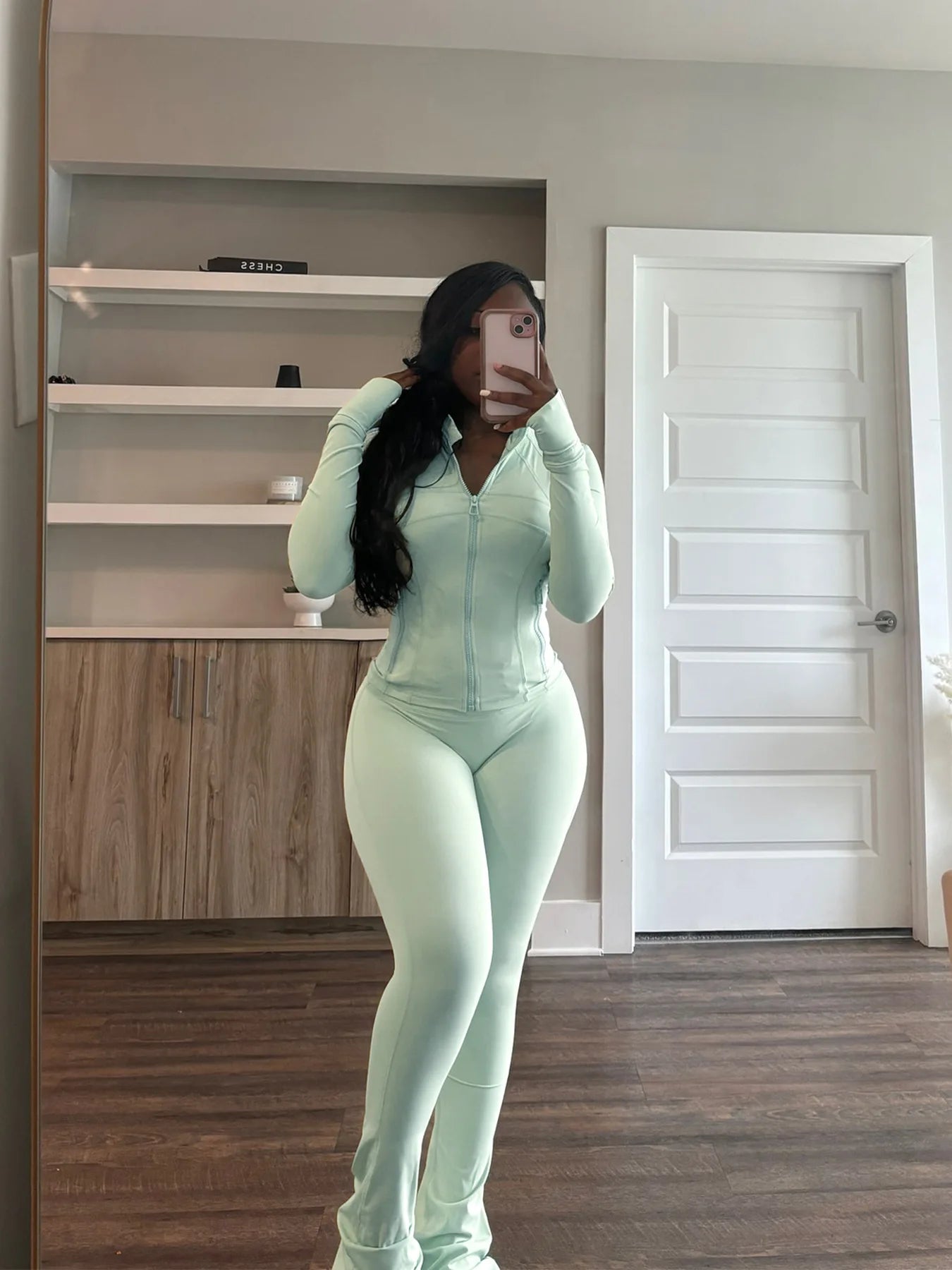 Pant Sets Two Piece Set Women Sexy Slim Fit Zipper Top Stand Collar Solid Sporty Casual Splice Flare Pants Elastic Waist