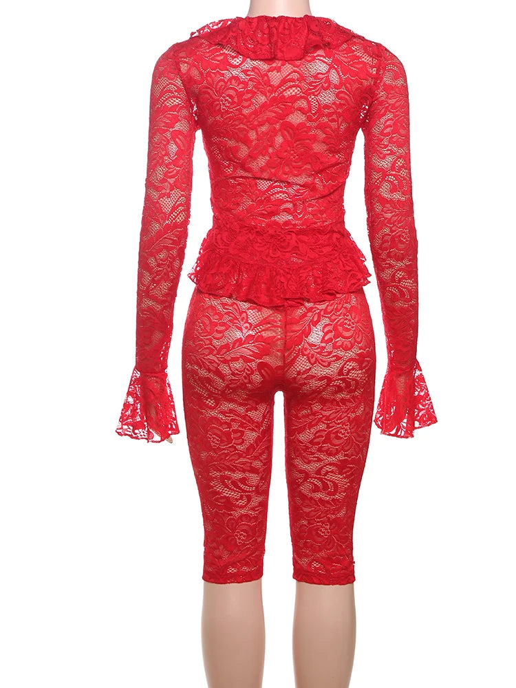 Nibber Summer Trend Jacquard Sexy Women 2 Piece Set Coquette Full Sleeve Ruffles Crop Tops+Bike Shorts Matching Clubwear Outfits