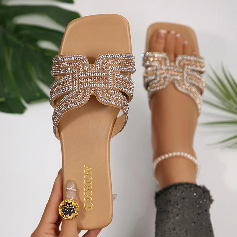 Brand Design Big Square Toe Pink Crystal Sandals Women Summer 2026 Flat Heels Shiny Rhinestones Slippers Woman Plus Size Slides