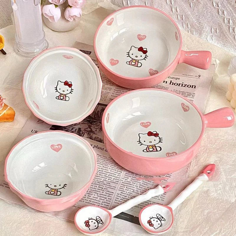 Kawaii Sanrio Hello Kitty Cute Tableware Dormitory Home Salad Baking Person Food Underglaze Color High Value Ceramic Noodle Bowl